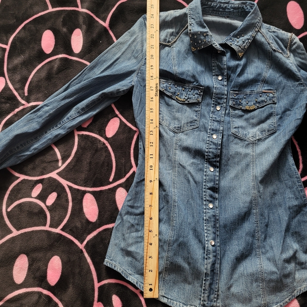 Denim Rhinestone Studded Women's Button Down Jacket - Picture 8 of 8
